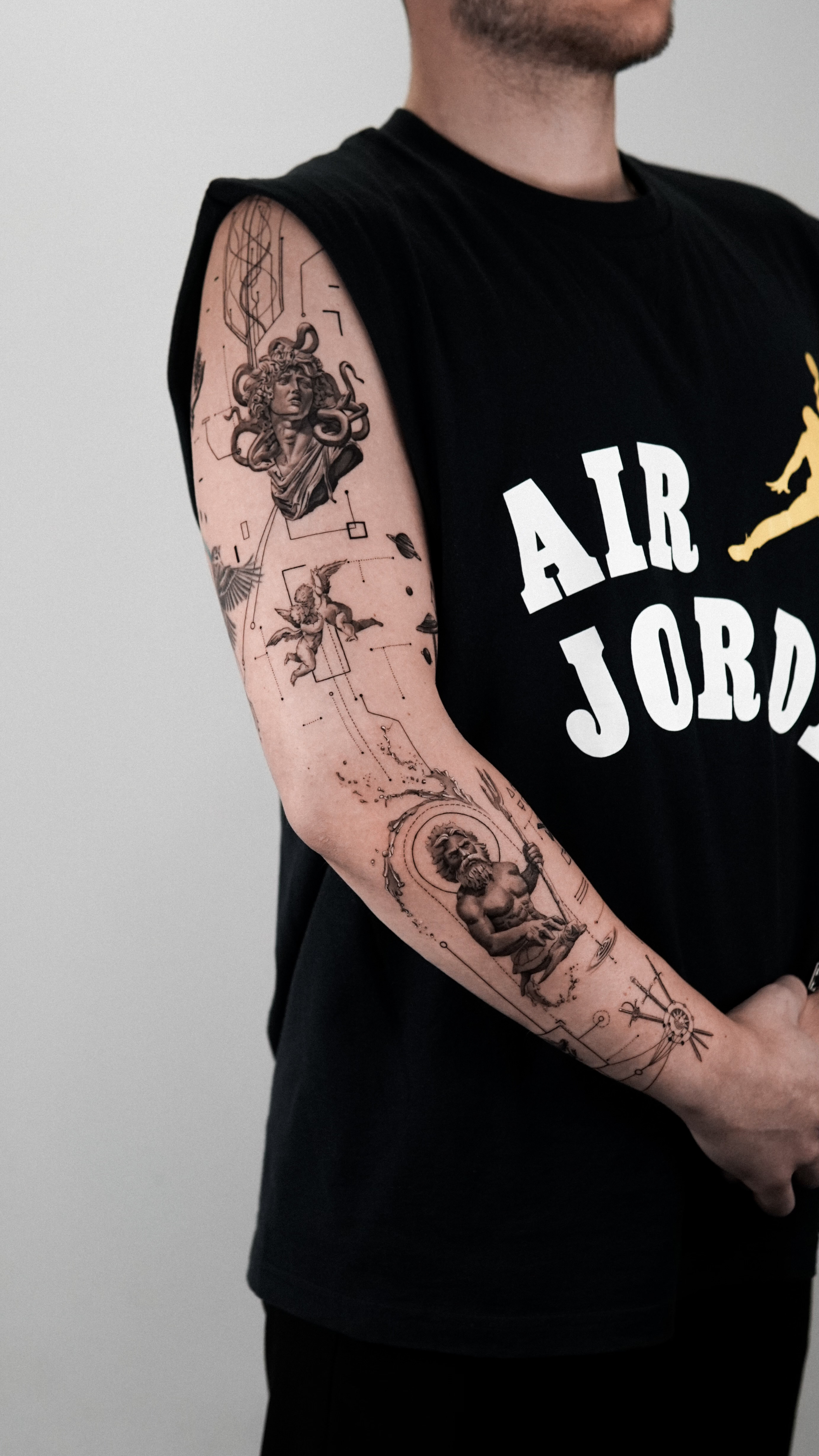 fineline realism tattoo sleeve by Samet Yaman