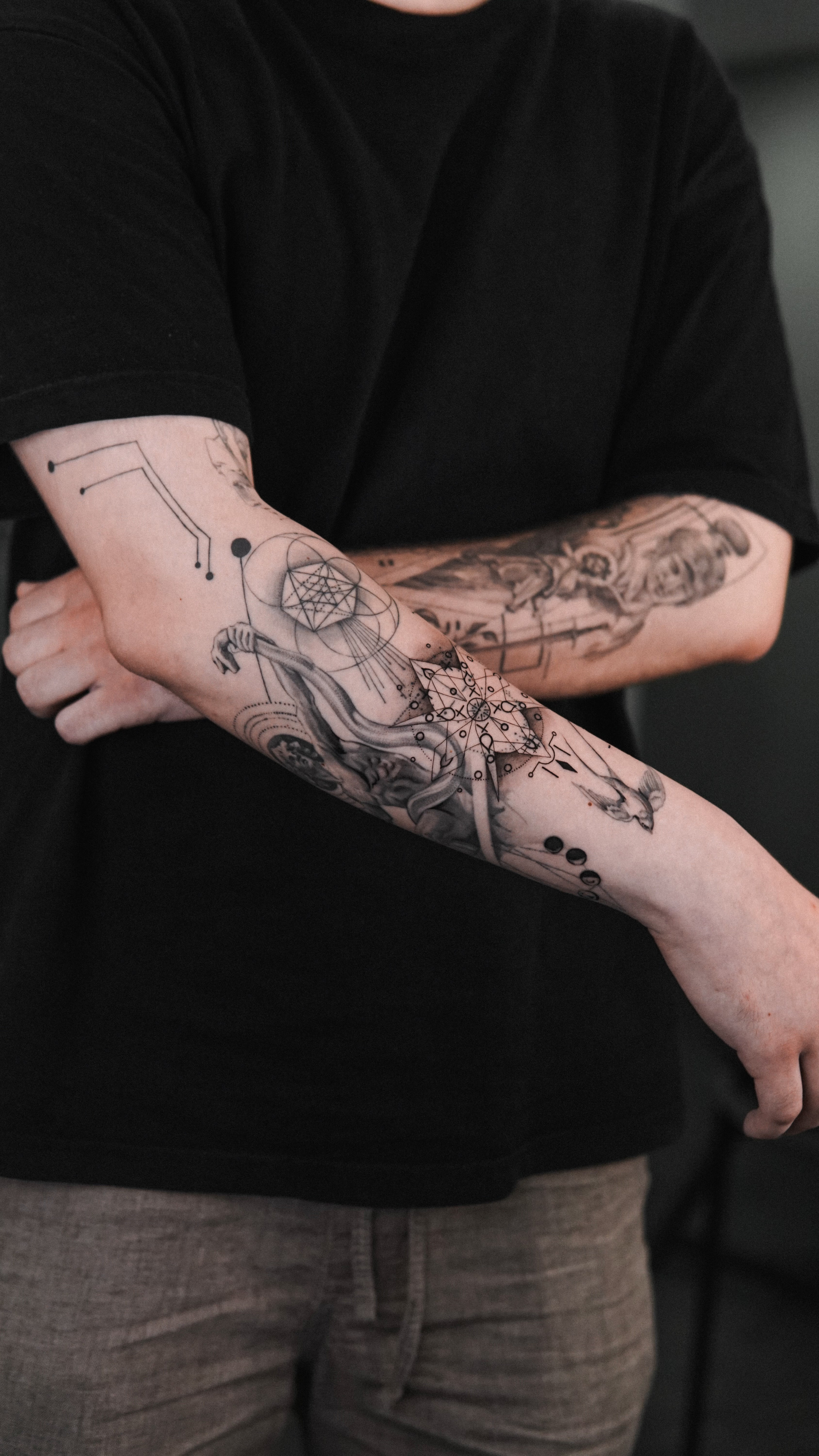 fineline realism tattoo sleeve by Samet Yaman